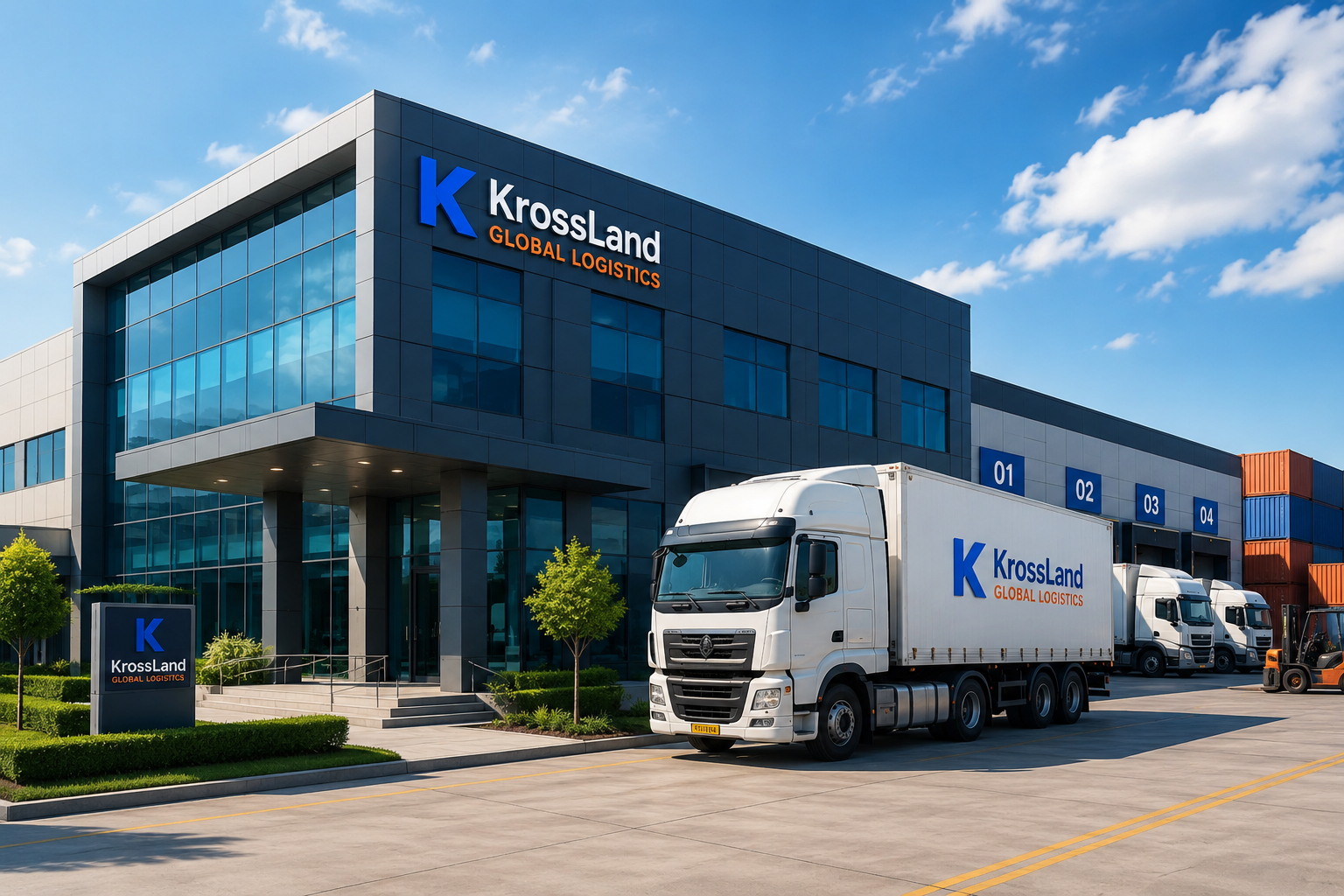 KrossLand Global Logistics headquarters and warehouse facility with branded freight truck