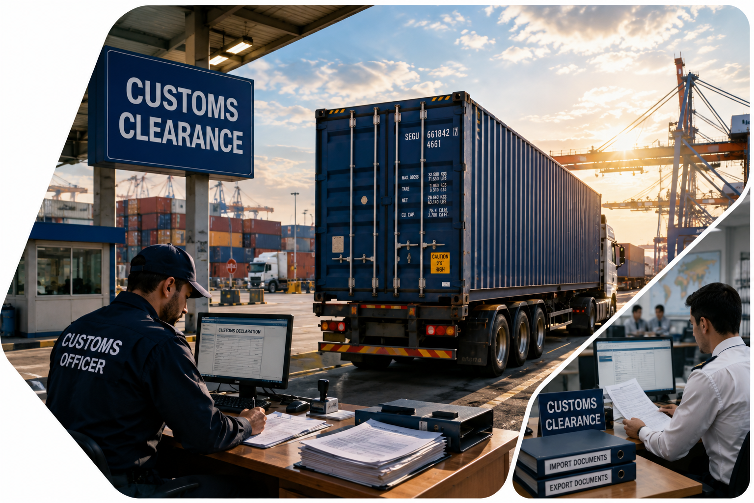 Customs officer processing shipping container clearance at a port terminal