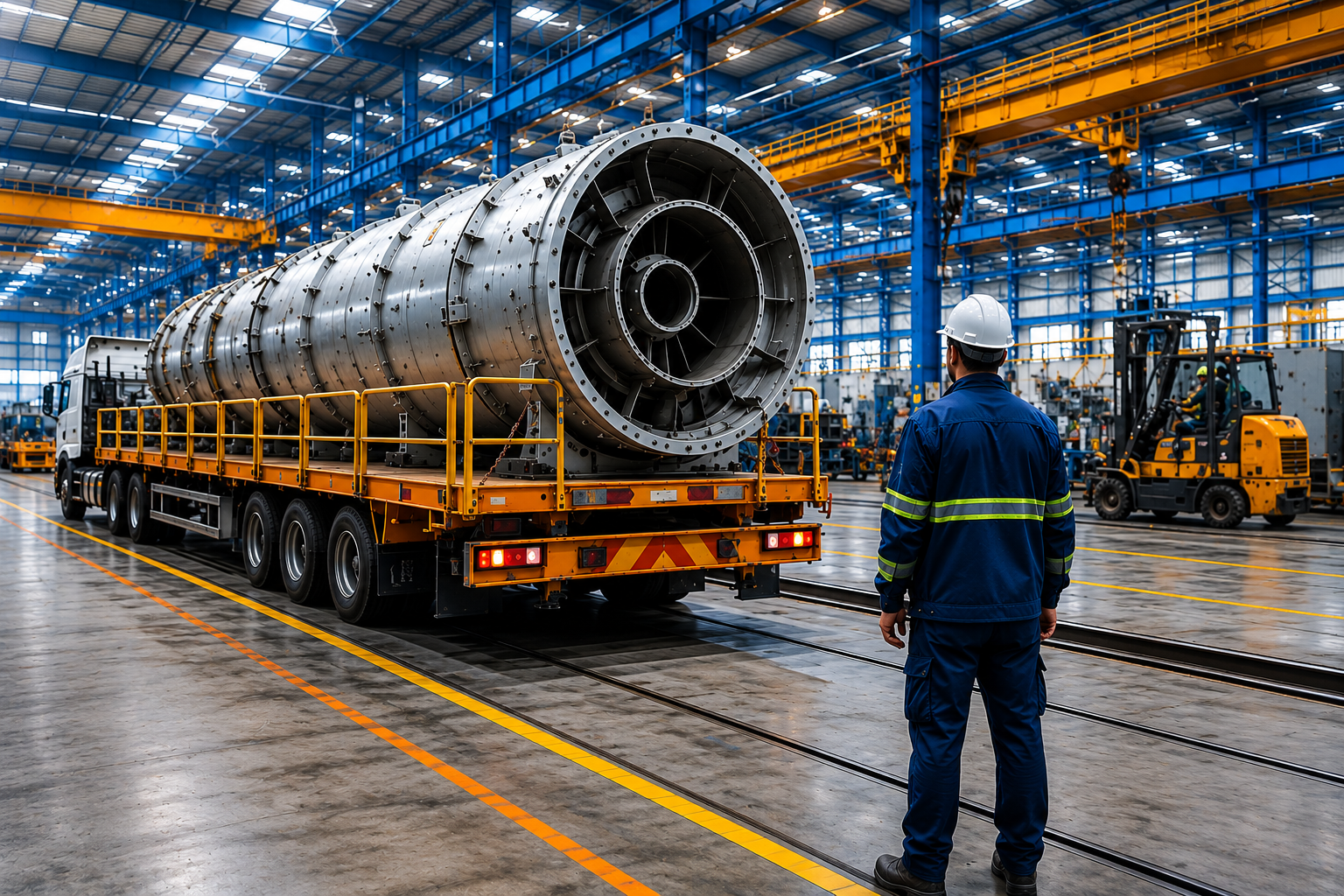 Large industrial component loaded on a flatbed truck inside a manufacturing facility