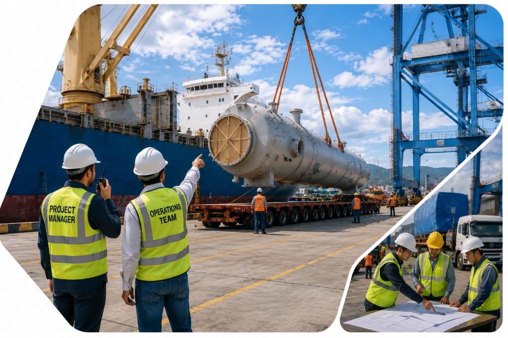 Heavy industrial equipment being loaded from ship to trailer at a port