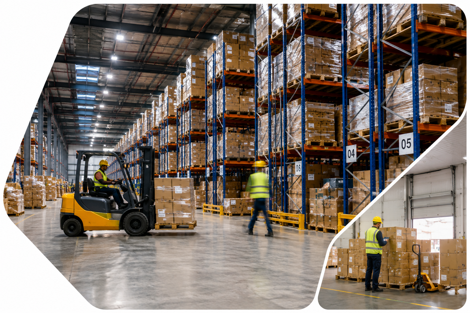 Modern warehouse with racking, forklifts, and inventory operations